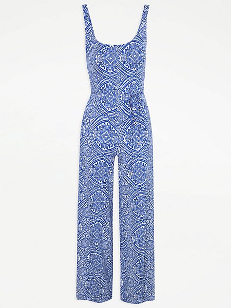 Blue Decorative Tile Scoop Neck Jersey Jumpsuit