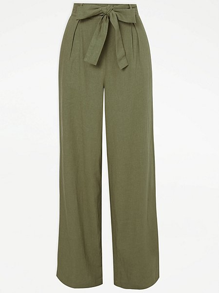 Khaki Linen Blend Belted Wide Leg Trousers