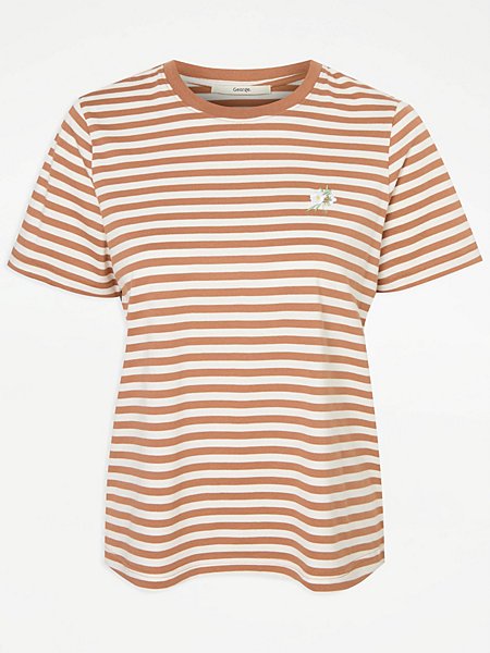 summer style essentials  Tan Stripe Flower Embroidery T-Shirt