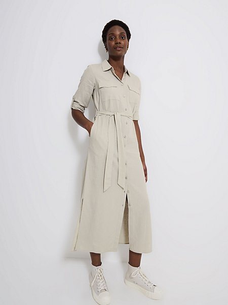 summer style essentials Linen Blend Utility Belted Midi Shirt Dress