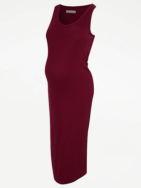 Maternity Burgundy Ribbed Scoop Neck Midi Dress