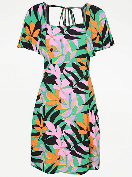 Bright Floral Leaf Flutter Sleeve Tie Back Mini Tea Dress