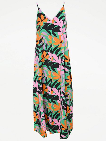 Bright Floral Leaf Trapeze Maxi Dress