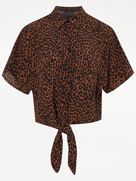 Brown Animal Print Tie Front Short Sleeve Shirt