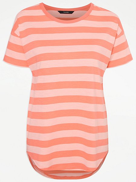 Coral Striped Dipped Hem Pure Cotton T-Shirt