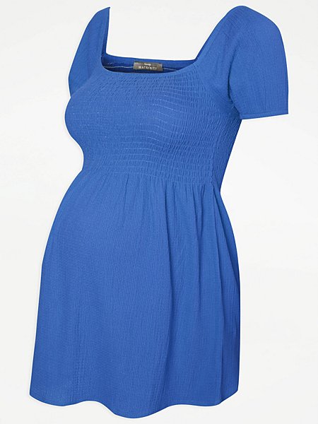 Maternity Blue Shirred Short Sleeve Top