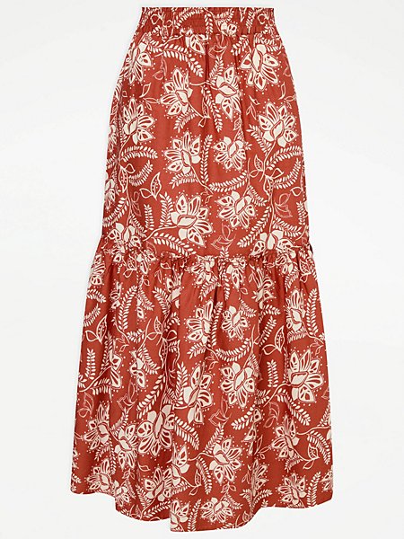 Rust Abstract Floral Tiered Midi Skirt