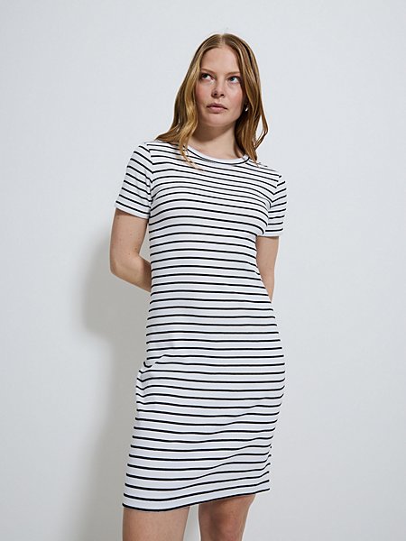 White Striped Ribbed Mini T-Shirt Dress