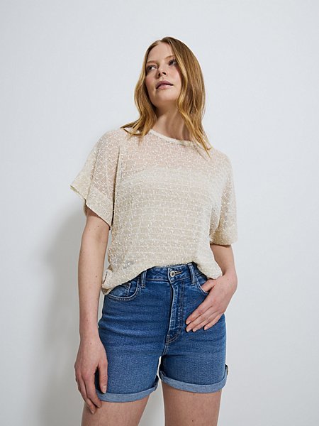 Cream Sequin Mesh Knit Short Sleeve Top