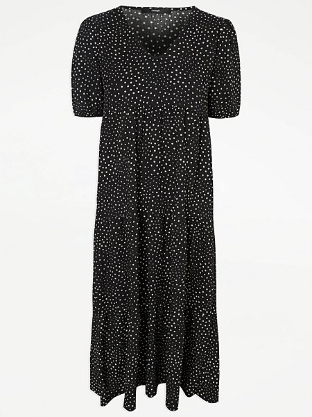 Black Spotty V Neck Textured Tiered Midi Dress