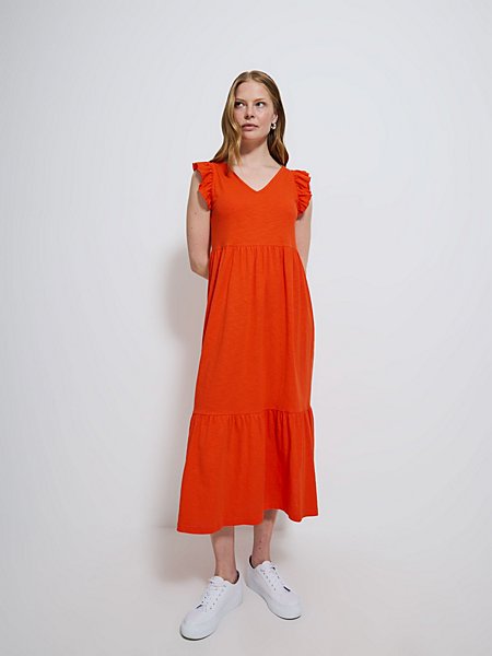 Orange V Neck Frill Sleeve Midi Dress