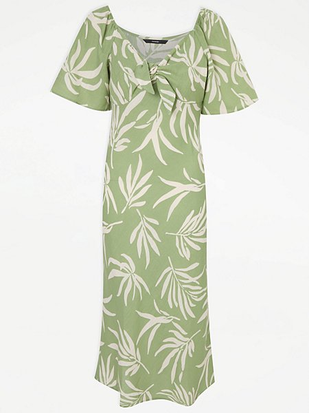 summer style essentials Palm Tie Front Short Sleeve Midi Dress