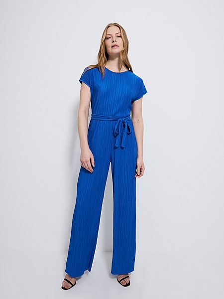 Bright Blue Plisse Short Sleeve Jumpsuit