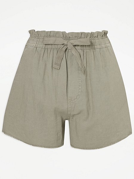 Khaki Linen Blend Raw Hem Shorts