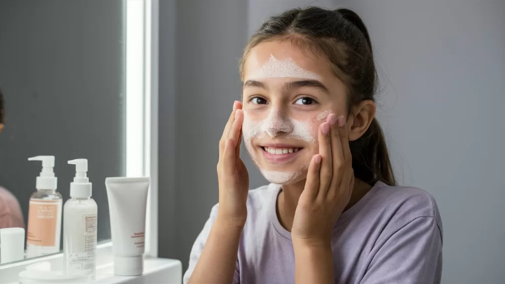 Preteen putting on skin cream