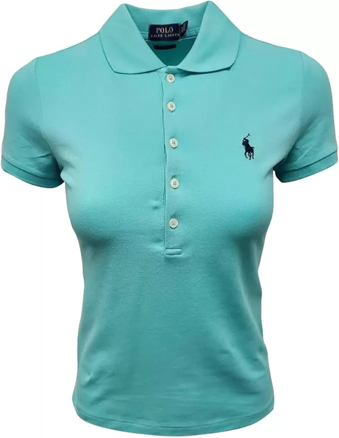 Image of Polo Ralph Lauren Womens Slim Fit Short Sleeve Polo Shirt (X-Small, Club Turquoise) Preppy clothing for women