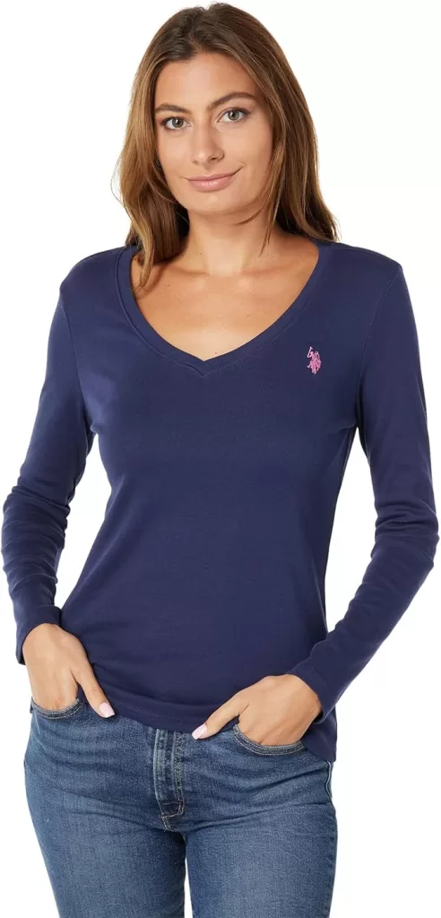 Image of U.S. Polo Assn. Juniors' Ribbed V-Neck T-Shirt) Preppy clothing for women