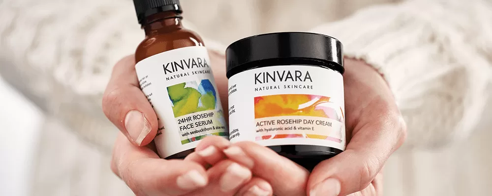 Image of 2 Kinvara products in the hands of someone, Minimalist Skincare Routine