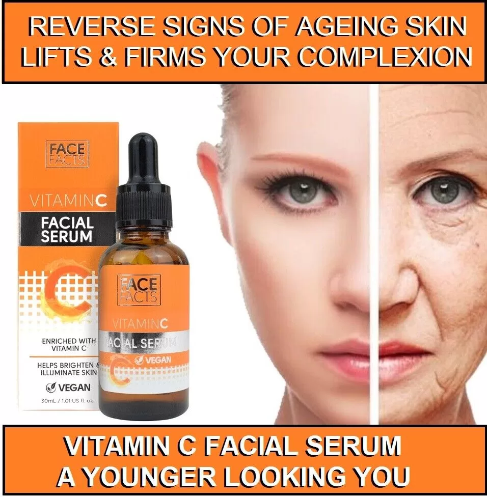 Image of a womans face and a bottle ofVitamin C Serum India