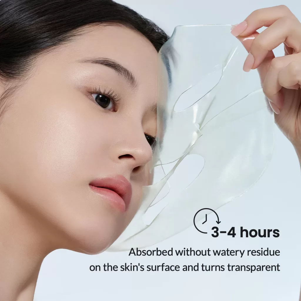 Image of a face of a woman, and text saying 3-4 hours absorbing time for the product ,best sea kelp facial mask