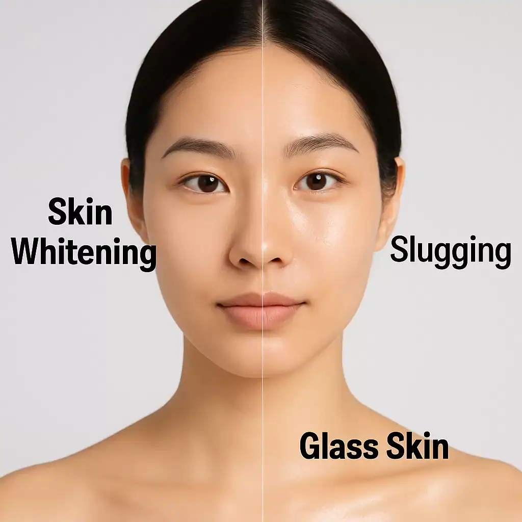 Image of a face showing the changes: Skin Whitening, Glass Skin & Slugging: Full Skincare Guide