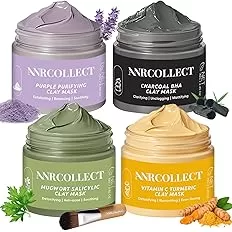 Image of lovely clay masks! a purple one labeled "Purple Purifying Clay Mask," a black one called "Charcoal BHA Clay Mask," a green one that says "Mugwort Salicylic Clay Mask," and a yellow one named "Vitamin C Turmeric Clay Mask..ANRCOLLECT Clay Mask Set