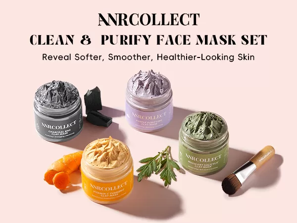 Image of lovely clay masks! a purple one labeled "Purple Purifying Clay Mask," a black one called "Charcoal BHA Clay Mask," a green one that says "Mugwort Salicylic Clay Mask," and a yellow one named "Vitamin C Turmeric Clay Mask..ANRCOLLECT Clay Mask Set