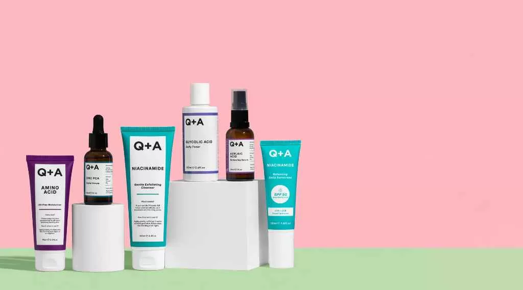 Image of 6 skincare products with a pink background;Skincare Exam