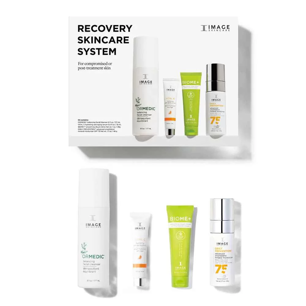 Images of the recovery skincare system products, boxed and unboxed.
